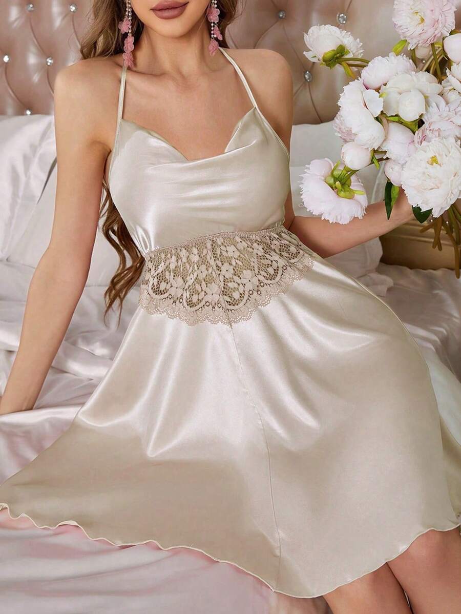 Lace-trimmed satin V-neck women's nightgown with adjustable straps Lace-trimmed satin V-neck women's nightgown with adjustable straps