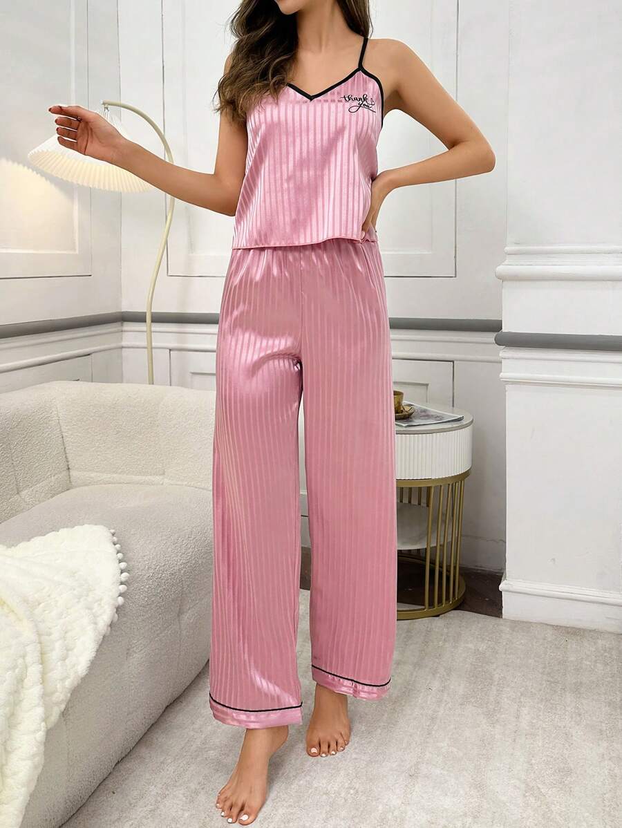Ladies English Embroidered Faux Silk Striped Camisole Top & Pants Pajama Set Ladies English Embroidered Faux Silk Striped Camisole Top & Pants Pajama Set