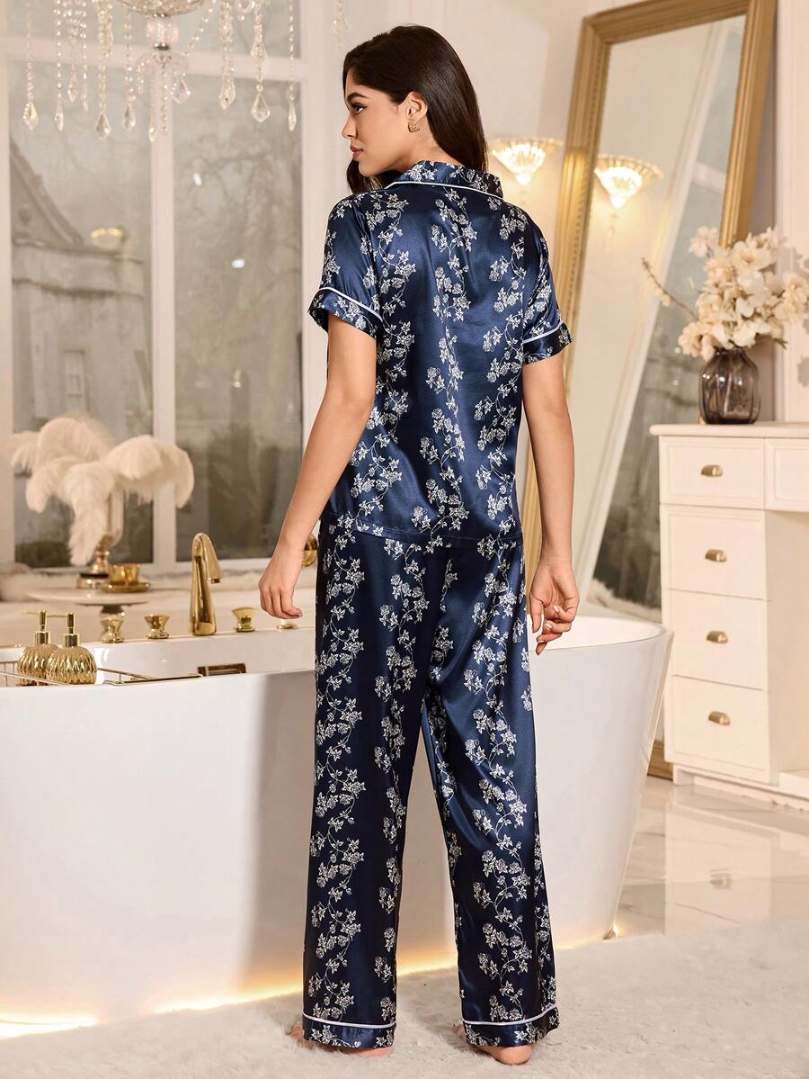 Floral Print Short Sleeve Pajama Set With Lapel And Button, Faux Silk Sleepwear Floral Print Short Sleeve Pajama Set With Lapel And Button, Faux Silk Sleepwear