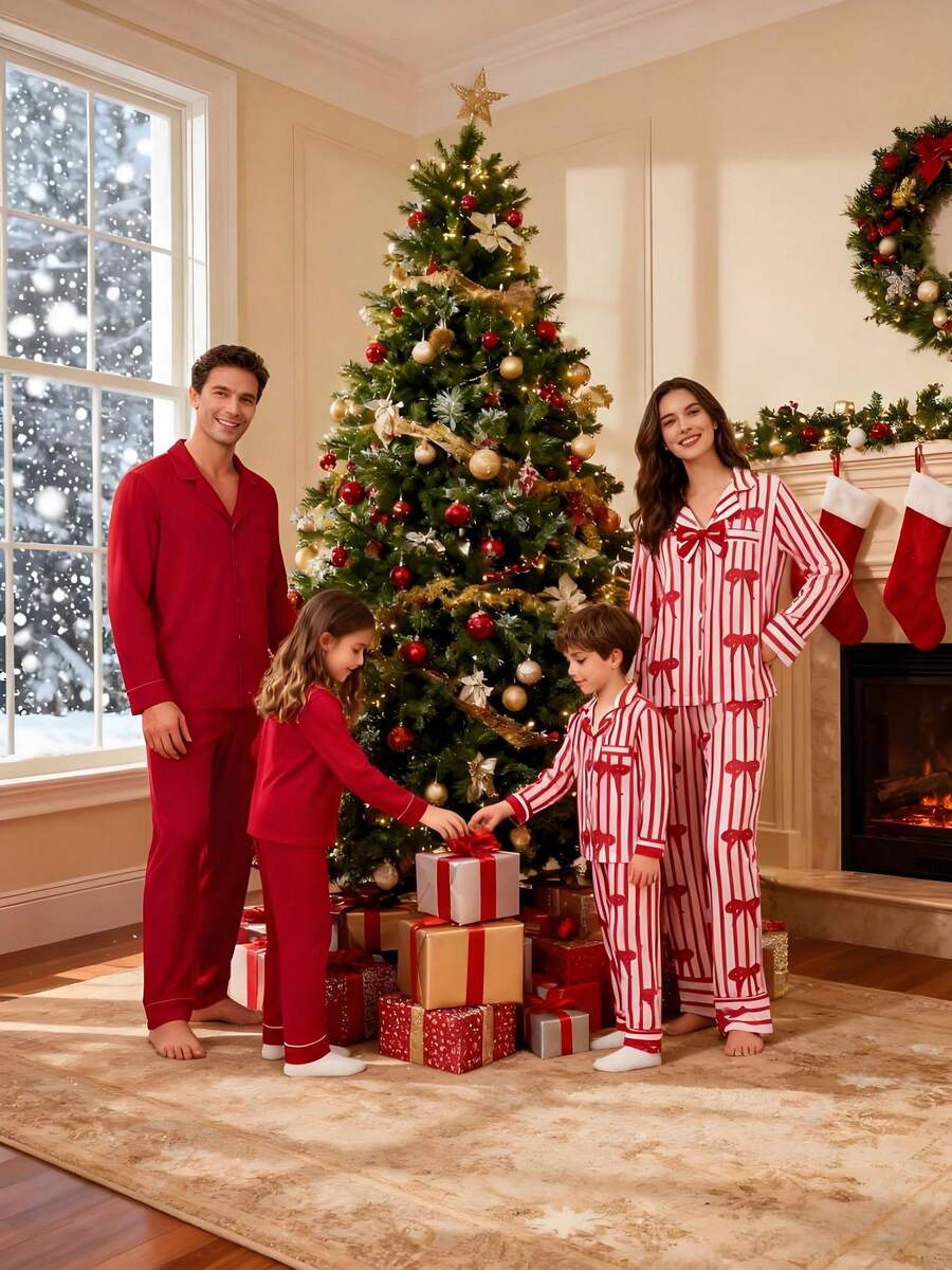 Christmas Family Casual Shirt Set, Long-Sleeved Collared Button-Down Shirt + Trousers, Two-Piece Set, Bow Tie Solid Color. Parent-Child Set, Christmas Family Parent-Child Set.