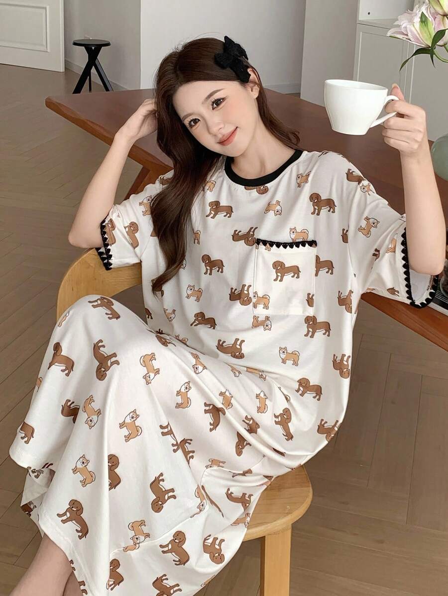 Puppy Print Embroidered Contrast Trim Loose Women's Nightgown Pajamas Puppy Print Embroidered Contrast Trim Loose Women's Nightgown Pajamas