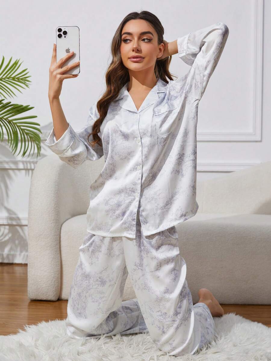 2pcs Women's Ink Printing Ice Silk Simple Home Wear Long Sleeve Top And Pants, Two Pieces Set 2pcs Women's Ink Printing Ice Silk Simple Home Wear Long Sleeve Top And Pants, Two Pieces Set