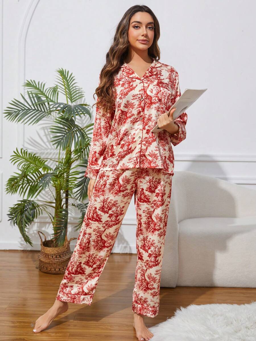2pcs Women's Ink Printing Ice Silk Pajamas, Simple Turn-Down Collar Long Sleeve Homewear Set, Two Pieces Set