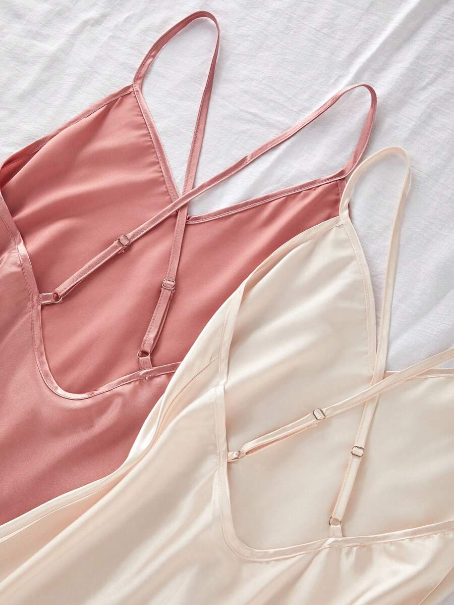 Women's spaghetti strap backless gentle and sweet solid color cross shoulder strap satin nightgown two colors Women's spaghetti strap backless gentle and sweet solid color cross shoulder strap satin nightgown two colors