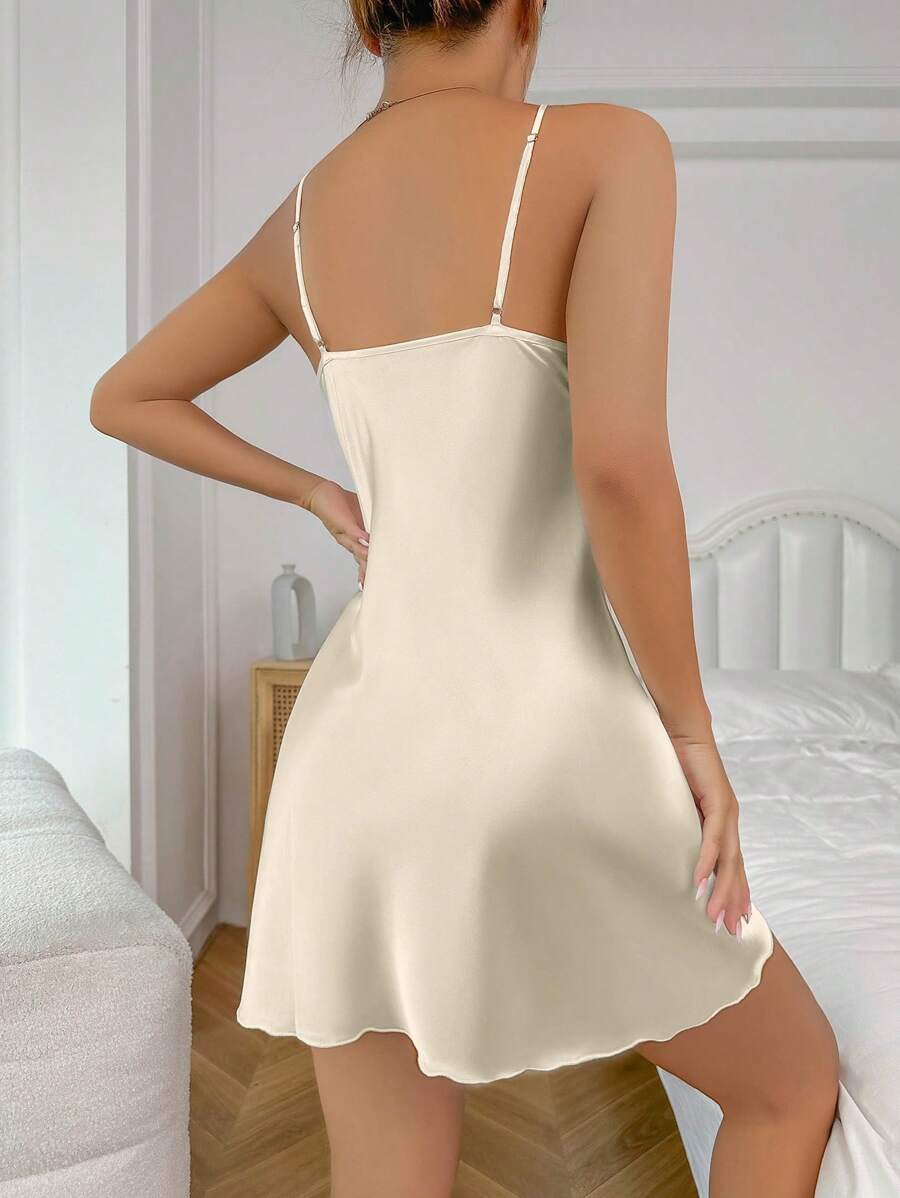 Solid color lace patchwork satin split hem summer pajama suspender skirt Solid color lace patchwork satin split hem summer pajama suspender skirt