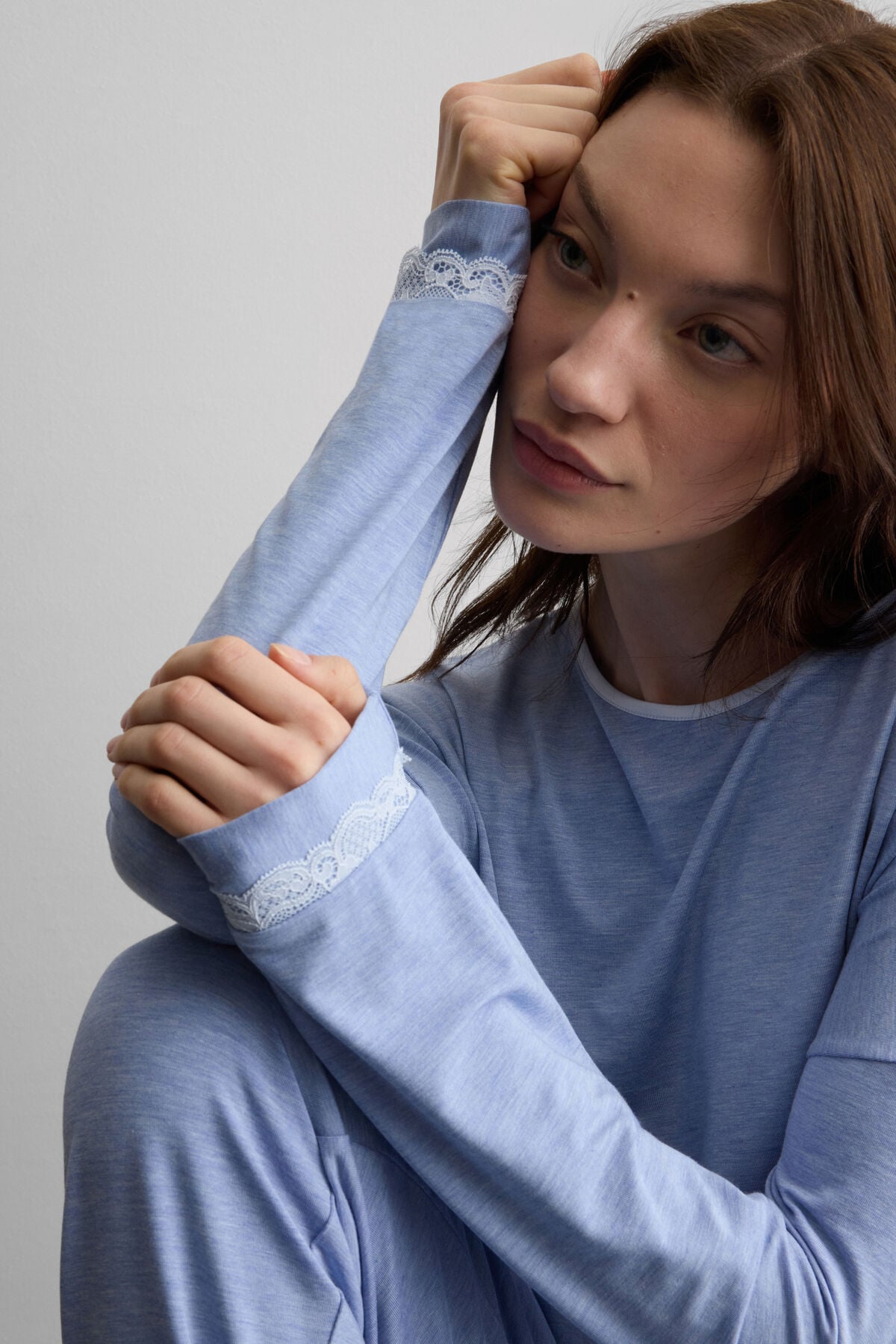 Lace Trim Full Length Pajamas in Modal