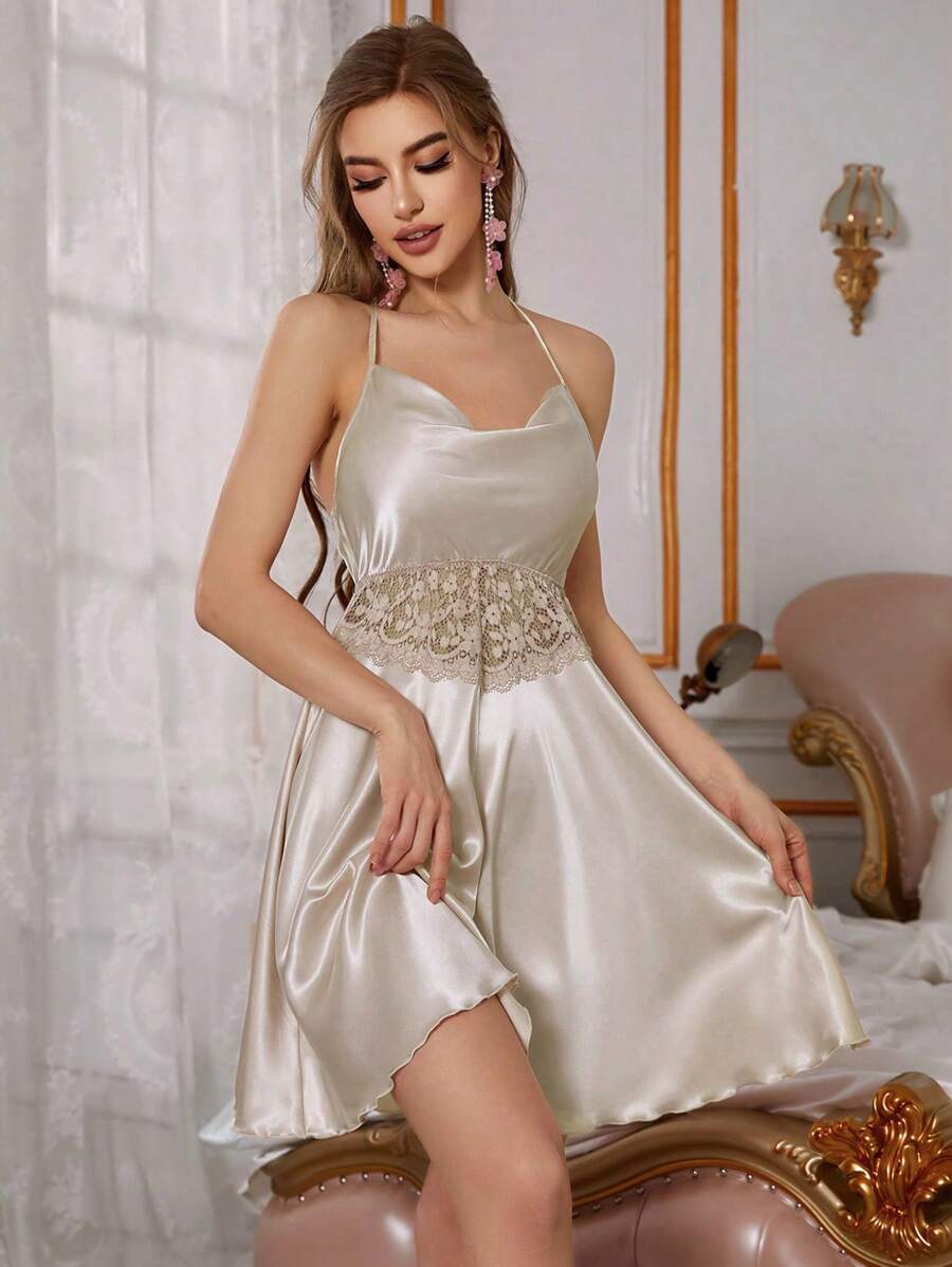 Lace-trimmed satin V-neck women's nightgown with adjustable straps Lace-trimmed satin V-neck women's nightgown with adjustable straps