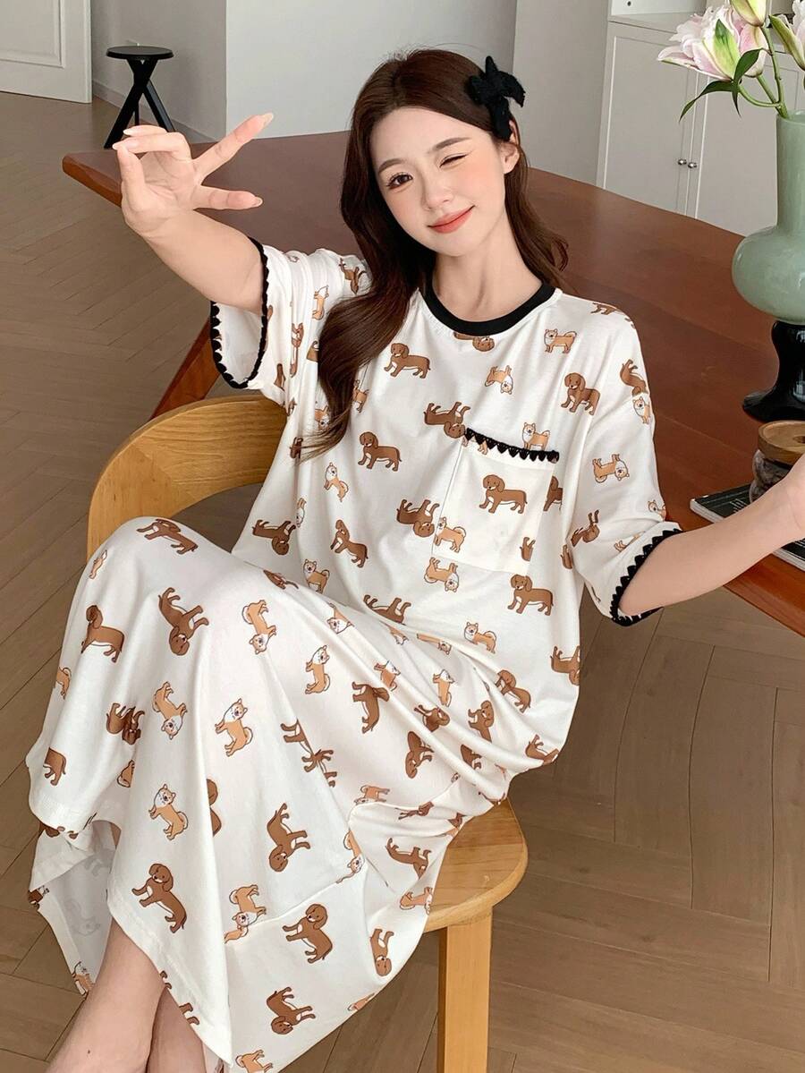 Puppy Print Embroidered Contrast Trim Loose Women's Nightgown Pajamas Puppy Print Embroidered Contrast Trim Loose Women's Nightgown Pajamas