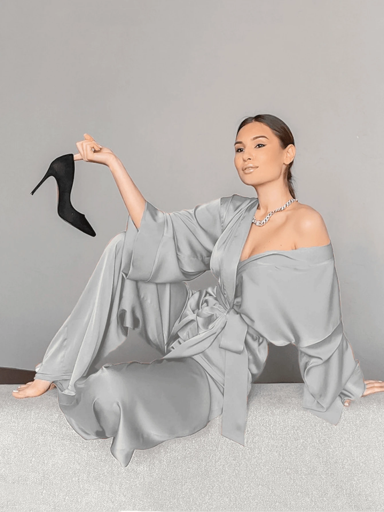 2pcs Women Solid Color Ice Silk Tied Long Sleeve Cardigan And Wide-Leg Pants Sleepwear Set, Comfy, Two Pieces Set