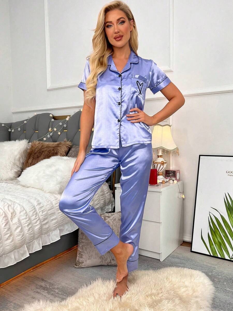 Heart Embroidery Piping Trim Satin Pajama Set Heart Embroidery Piping Trim Satin Pajama Set