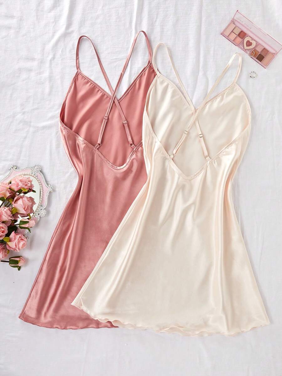 Women's spaghetti strap backless gentle and sweet solid color cross shoulder strap satin nightgown two colors Women's spaghetti strap backless gentle and sweet solid color cross shoulder strap satin nightgown two colors